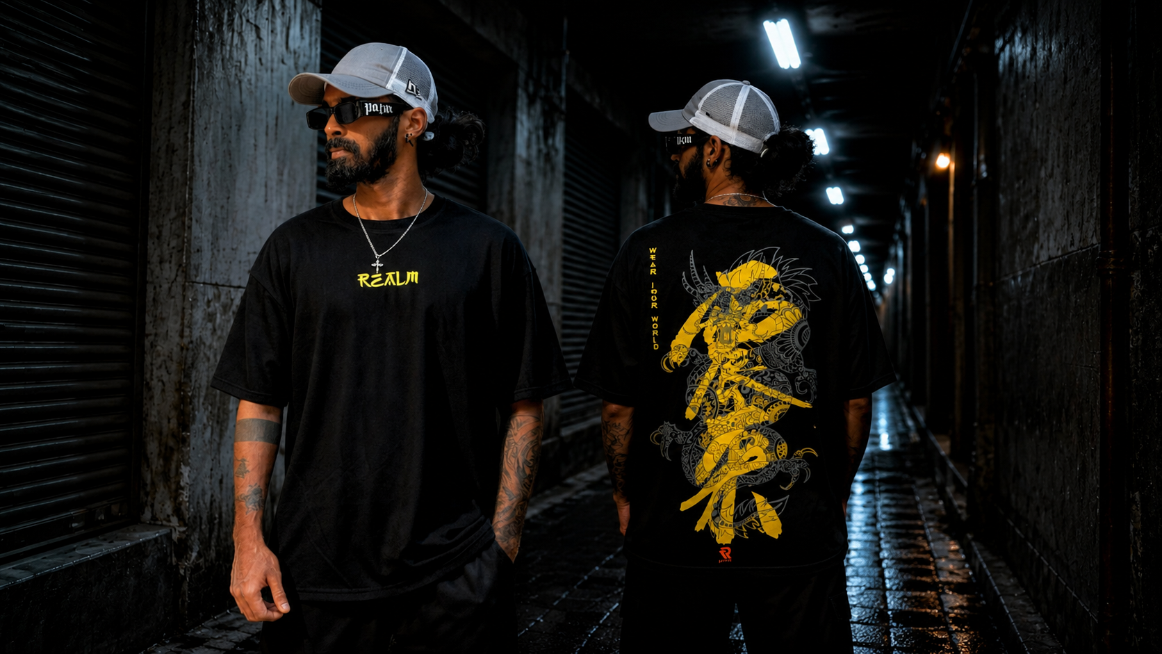 REALM streetwear models wearing front and back print t-shirts